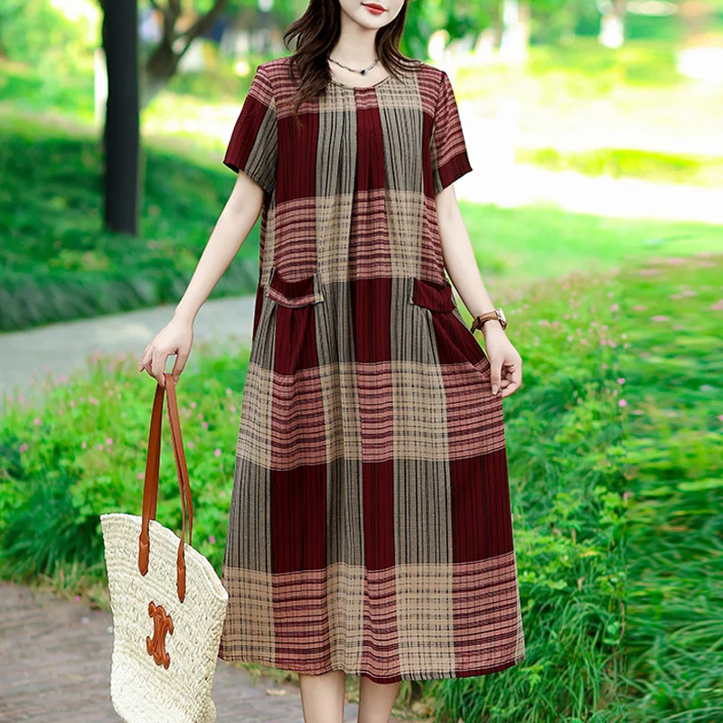 

Женское Повседневное платье с коротким рукавом, свободное клетчатое платье до середины икры с круглым вырезом и поясом, Новинка лета 2022