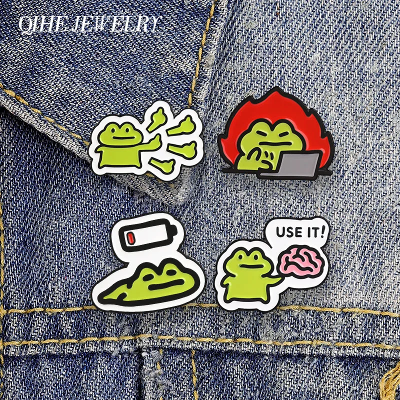 Low Battery Tired Frog Meme Enamel Pin Cute Frog Use It Brain Work Frog Flames Brooch Lapel Bags Badge Jewelry Gift for Friends