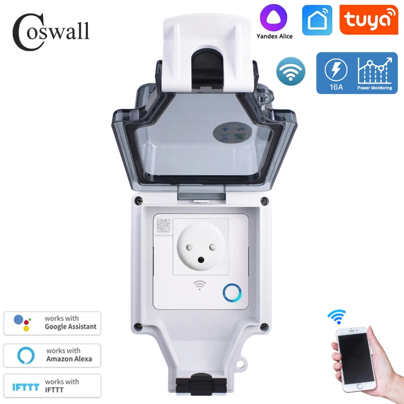 Coswall Tuya Wifi IP66 Waterproof Israel Socket Timer Switch Programmable Work With Alexa Google Home Yandex Alice