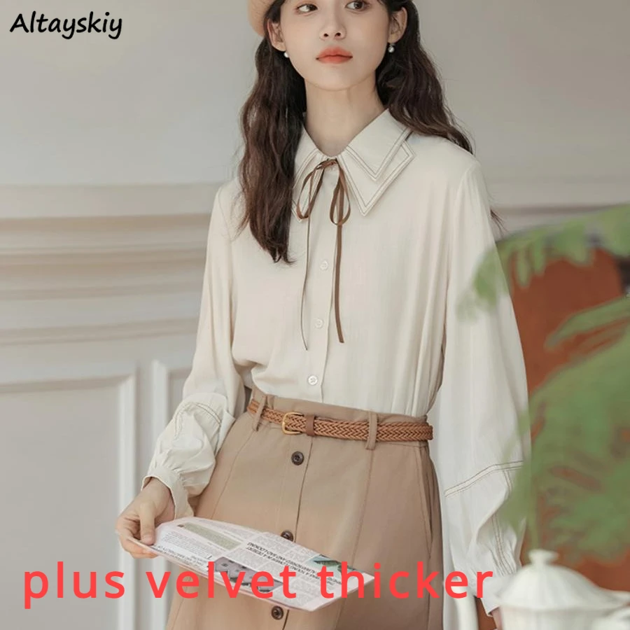 Long Sleeve Shirts Women Corduroy Casual Bow Thicker Plus Velvet Autumn Winter Warm All-match Cozy Temper Designed Blouse Mujer