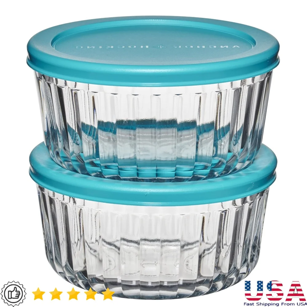 

Набор из 2 круглых контейнеров для хранения продуктов из скульптурного стекла с крышками, 4 стакана