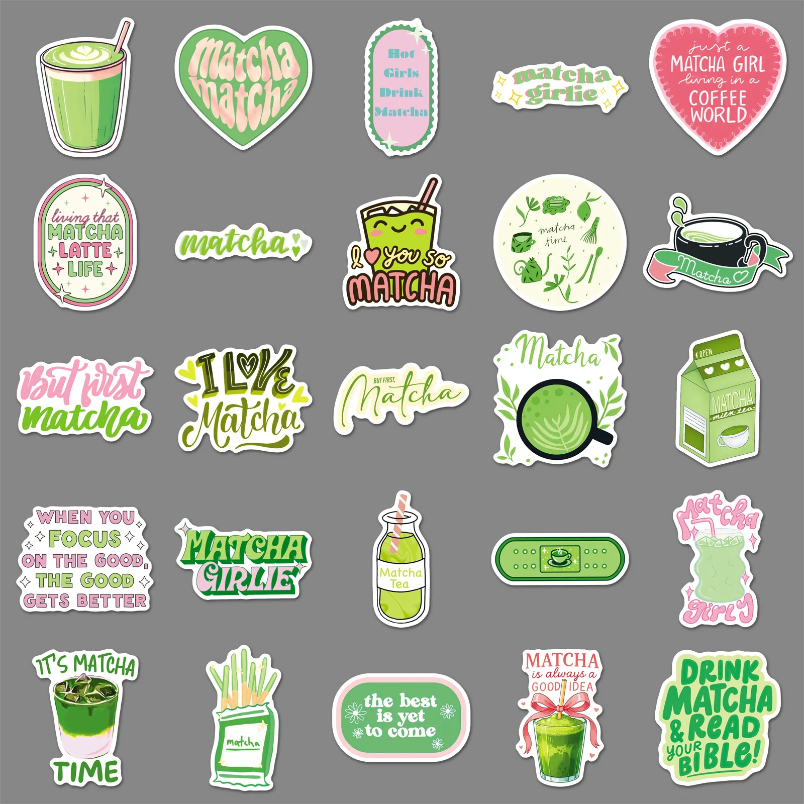 

50PCS Cartoon Matcha Sticker INS Style Aesthetics Inspirational Phrase Graffiti Waterproof Decal for Refrigerator Guitar Diary