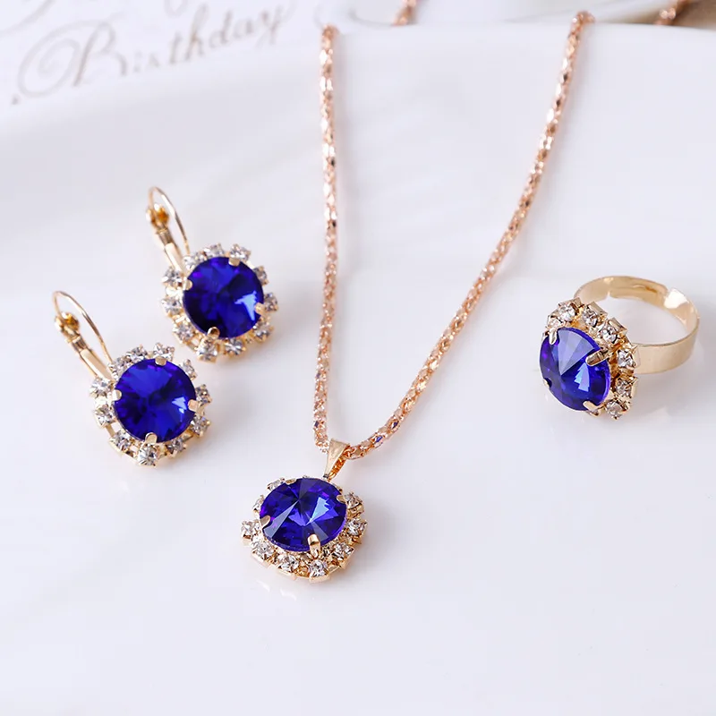 Fashion Jewelry Set for Women Round Crystal Pendants Earrings Ring Sets Bridal Decoration Colorful Three Piece Gifts Conjunto