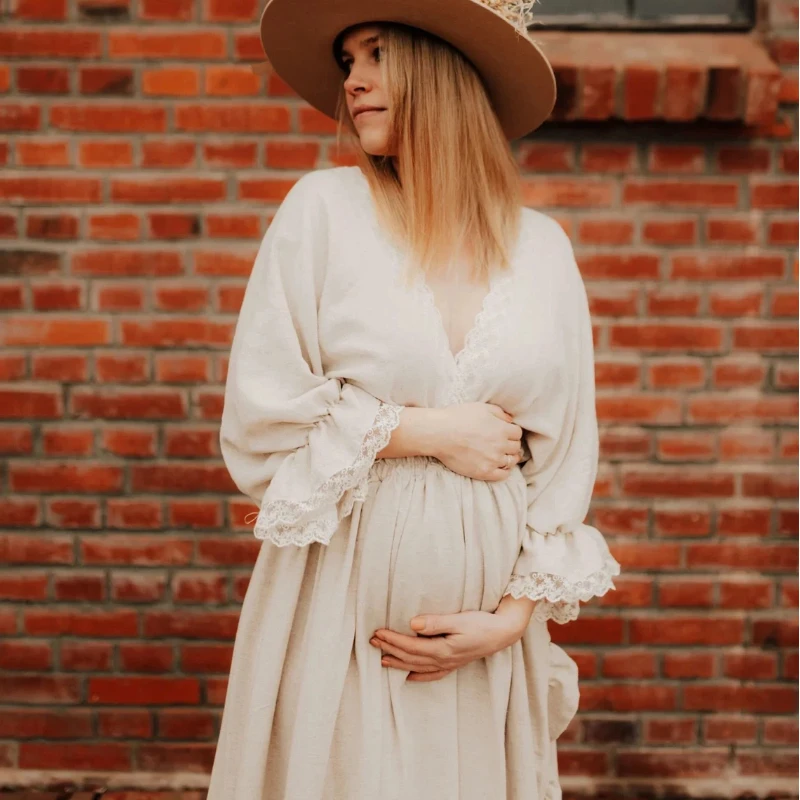 Maternity V-neck Backless Dress Photoshoot Lace Boho Boutique Pregnancy Maxi Gown Baby Shower Premium Photography Clothes