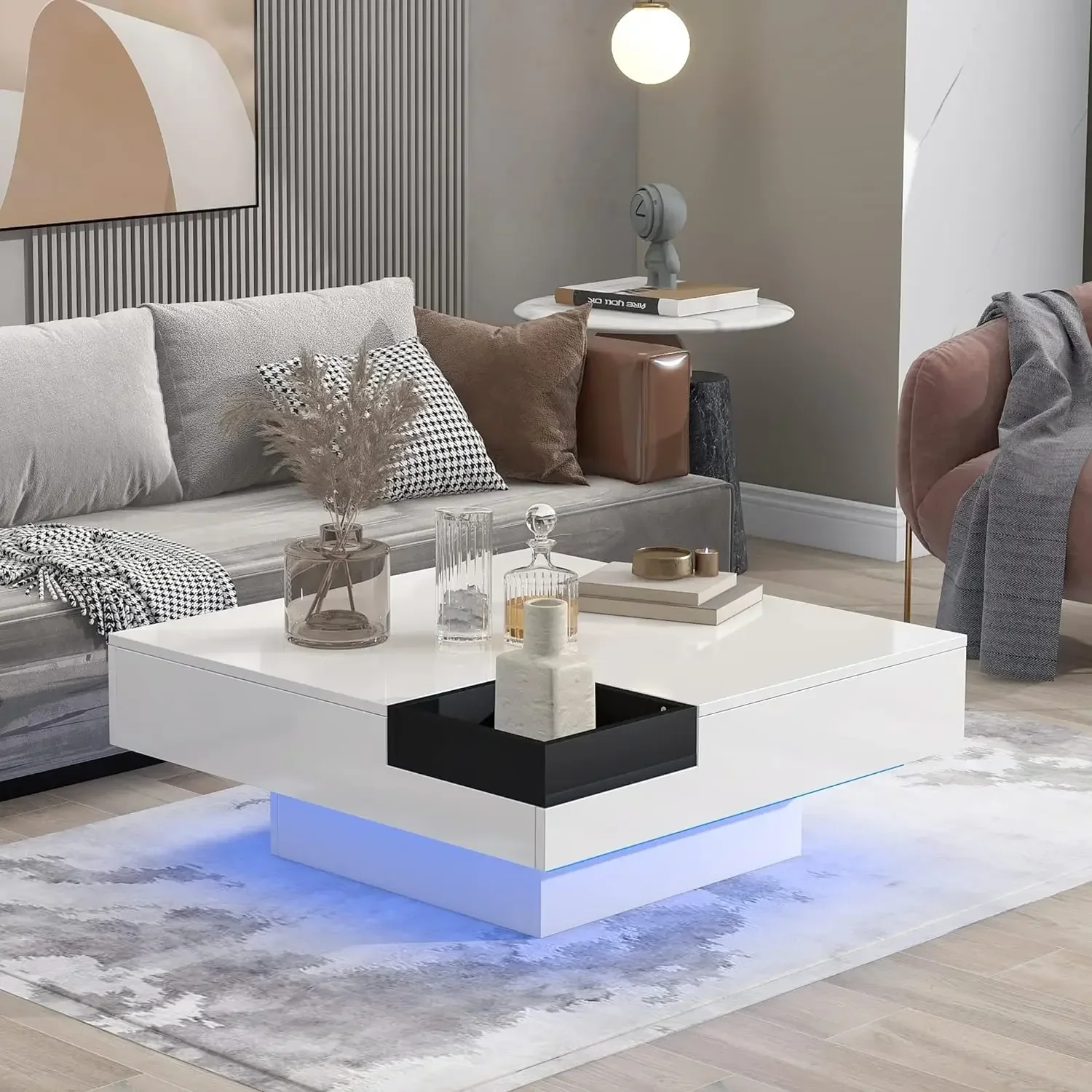 LED Coffee Table High Gloss Table with 16-Color Light and Remote Control Square Cocktail Side Table for Living Room (White)