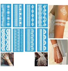 8 White Lace Henna Flash Tattoo Butterfly Feather Fake Temporary Tattoo Stickers Summer Style Body Art Beauty Jewelry