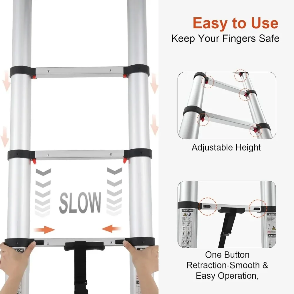 Escalera telescópica plegable, extensión ligera de aluminio de 12,5 pies, botón de retracción, diseño de reducción lenta