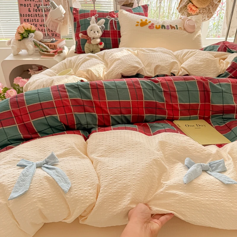 Puff Yarn Duvet Cover Sets with Bedsheet Single/Queen/King Jacquard Bedclothes Set for Home Beddings Set with Bowknot Beddings