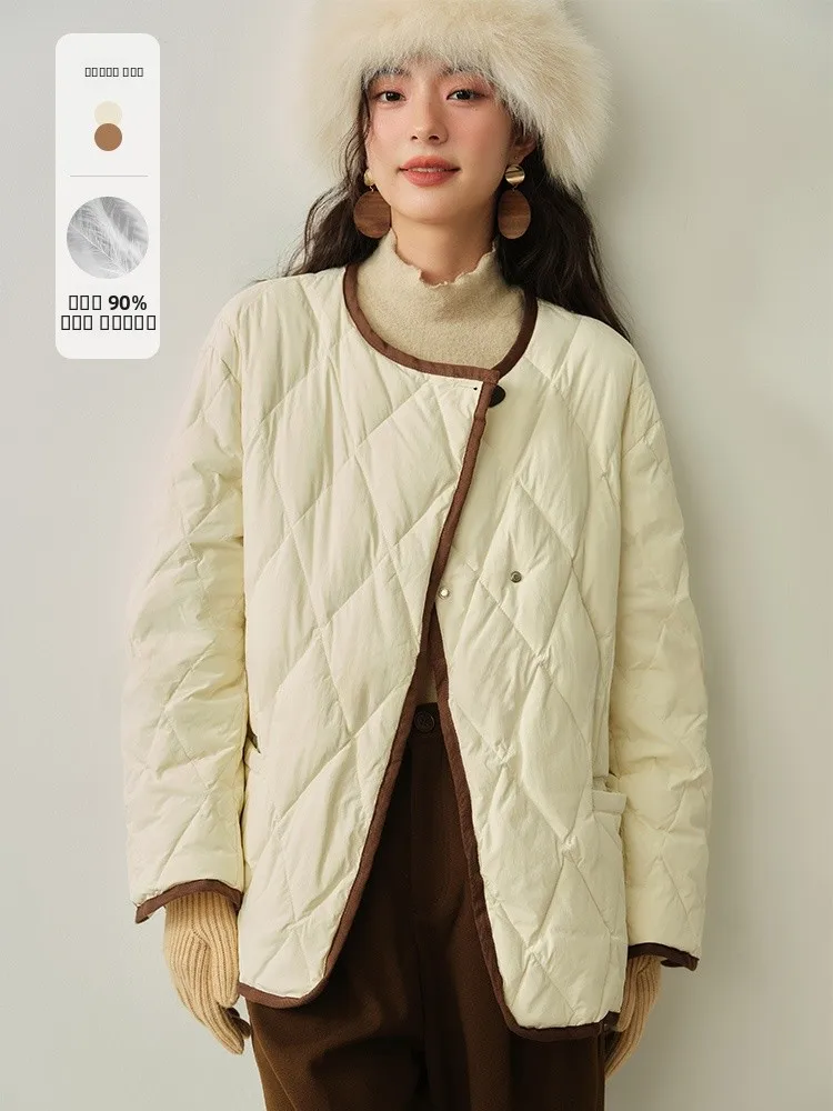 

Gansen Lightweight down Jaet Women's round Ne Du Feather Quilted Coat Slim Fit Long Sve Warm Outerwear