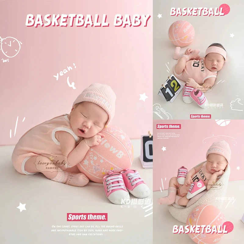 スイートピンクのバスケットボールテーマ新生児写真撮影用衣装、靴下とヘッドバンド付きスポーティなロンパース、かわいいスタジオ背景装飾小道具