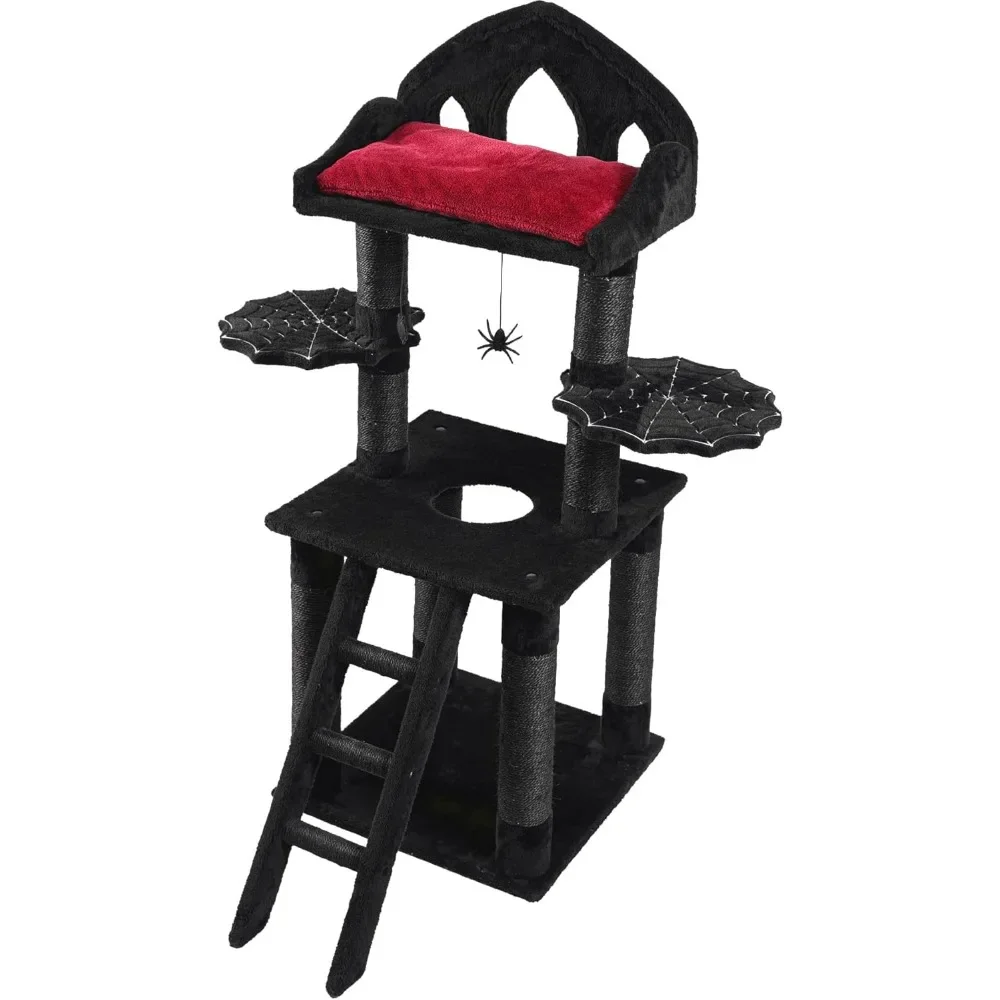 

Cat Tree - 51in Spooky Cats Tree with Regal Throne Bed, Spooky Hanging Toys, Spider Web Perch, Sisal Cat Scratching Posts