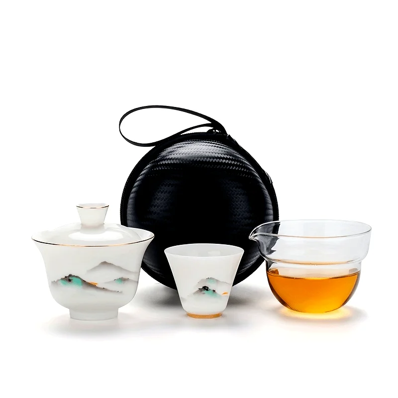 

1 набор, чайный сервиз, чайный сервиз с лотосом, китайский керамический чайник для кунг-фу, портативная посуда ручной работы, чаша с крышкой, чайный набор для кемпинга