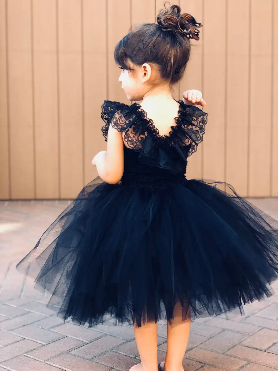 Vestidos negros de flores para niña, vestidos de tul de encaje para boda, vestido de desfile de princesa hasta el té, cuello cuadrado, espalda en V, vestidos de noche de fiesta para niños