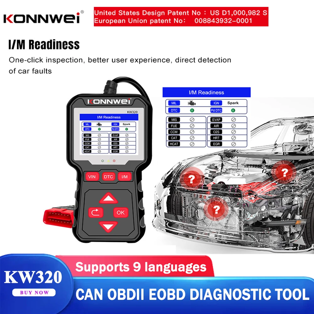

Портативный автомобильный сканер KONNWEI KW320 OBD2, тестер батарей, профессиональный диагностический инструмент OBD 2, считыватель кодов, бесплатное пожизненное обновление.