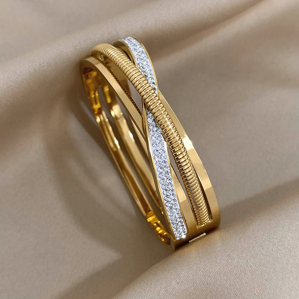 Greatera Strass elastische Kreuzkette Edelstahl Armreifen Armbänder für Frauen vergoldet geschichtet breites Armband Schmuck