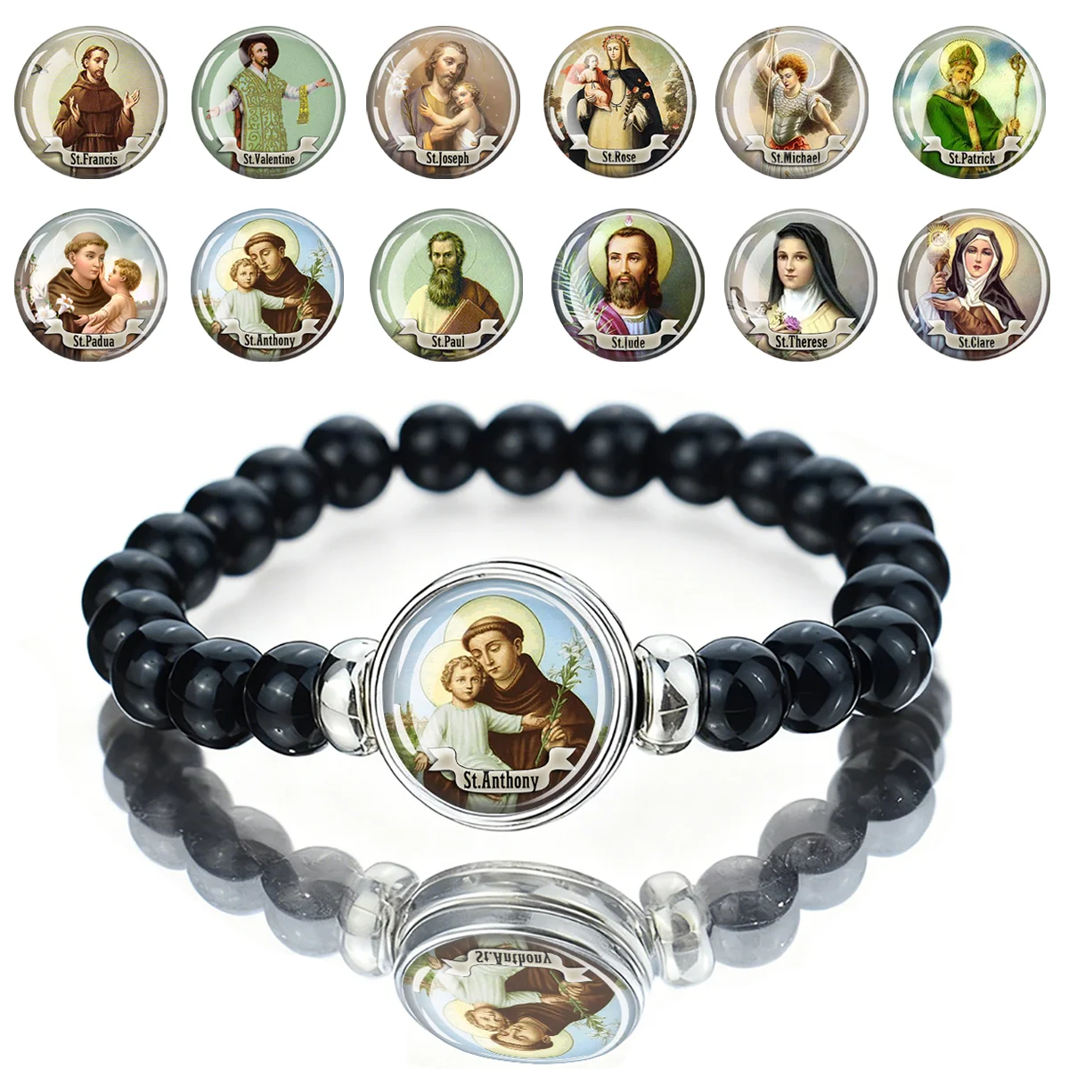 1 pièce Bracelet extensible à perles noires de 16 mm avec médaille de saint patron religieux, pour la prière dévotionnelle catholique et la spiritualité