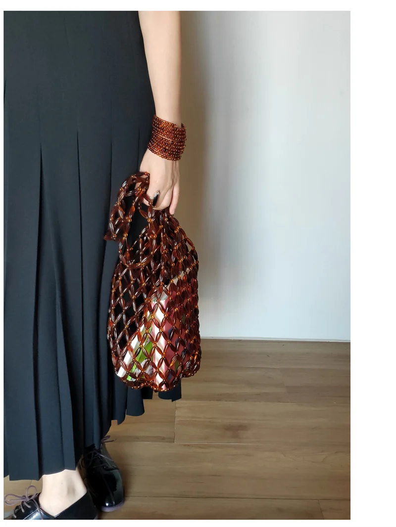 Vintage Large Acrylic Long Beads Weaving Tote Mesh Shopping String Net bag for summer beach