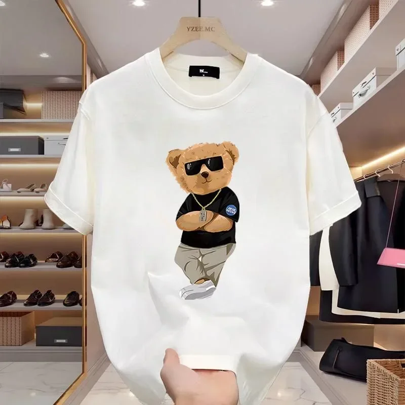 

New Summer Fashion Bear Printed Men T-Shirts Beach Breathable Funny Clothing Oversize Casual Cotton Tops Mans Short Sleeve