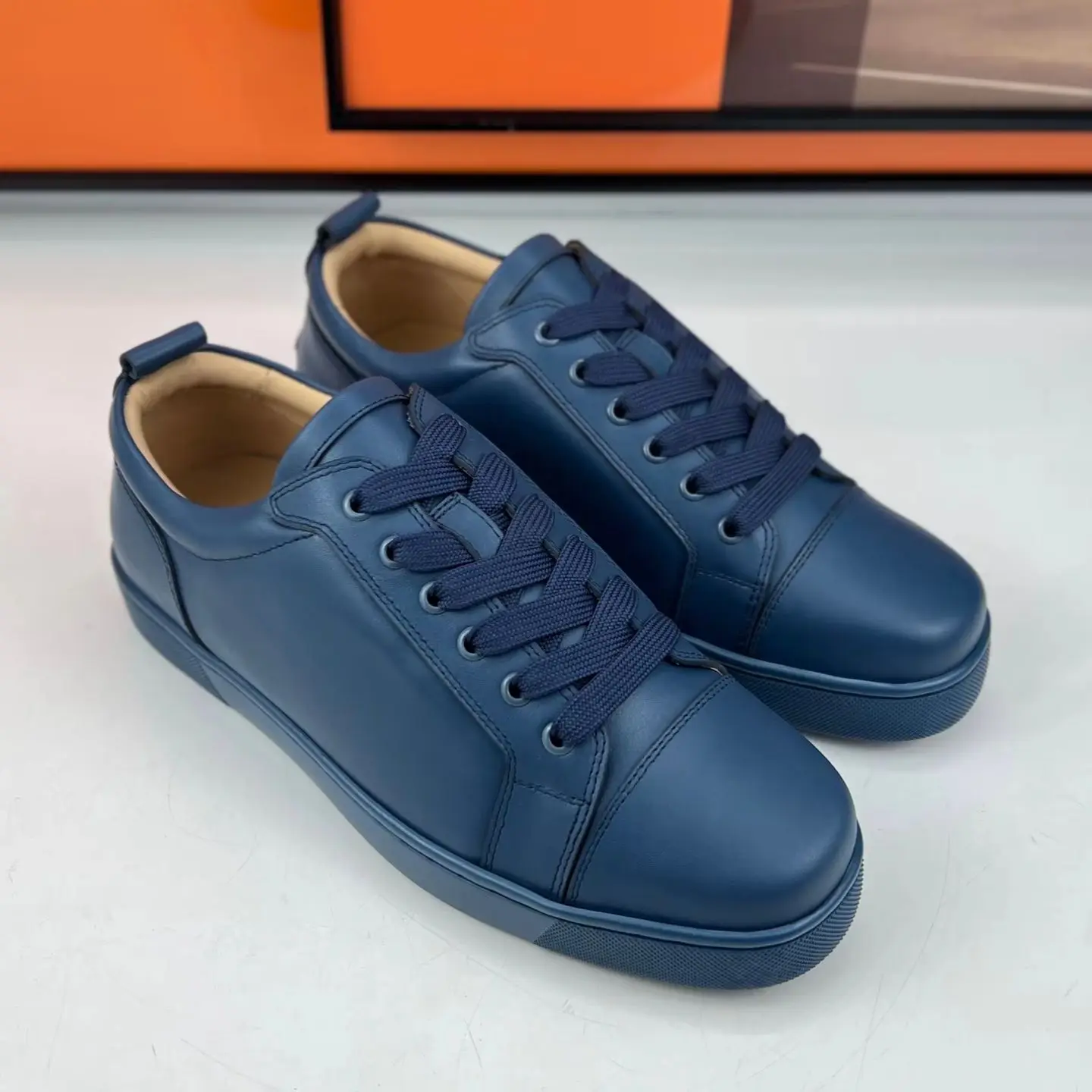 Men's Silver Rivets Low Top Blue Leather Red Bottom Sneakers Boat Skate Shoes Casual Flat Trainers Daily Walking Footwear