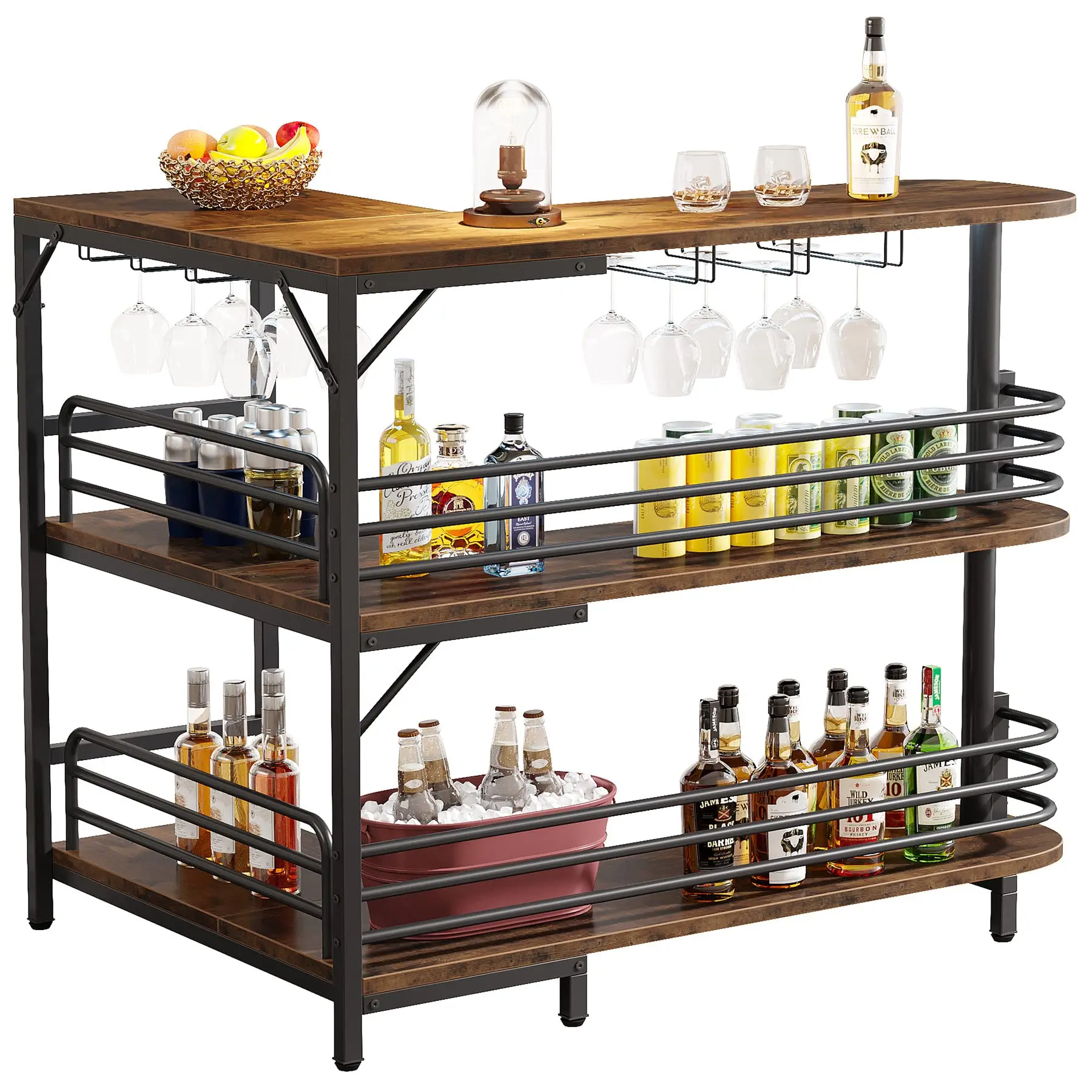 

3 Tier L-Shaped Home Bar Unit Liquor Cabinet Corner Wine Bar Rustic Brown
