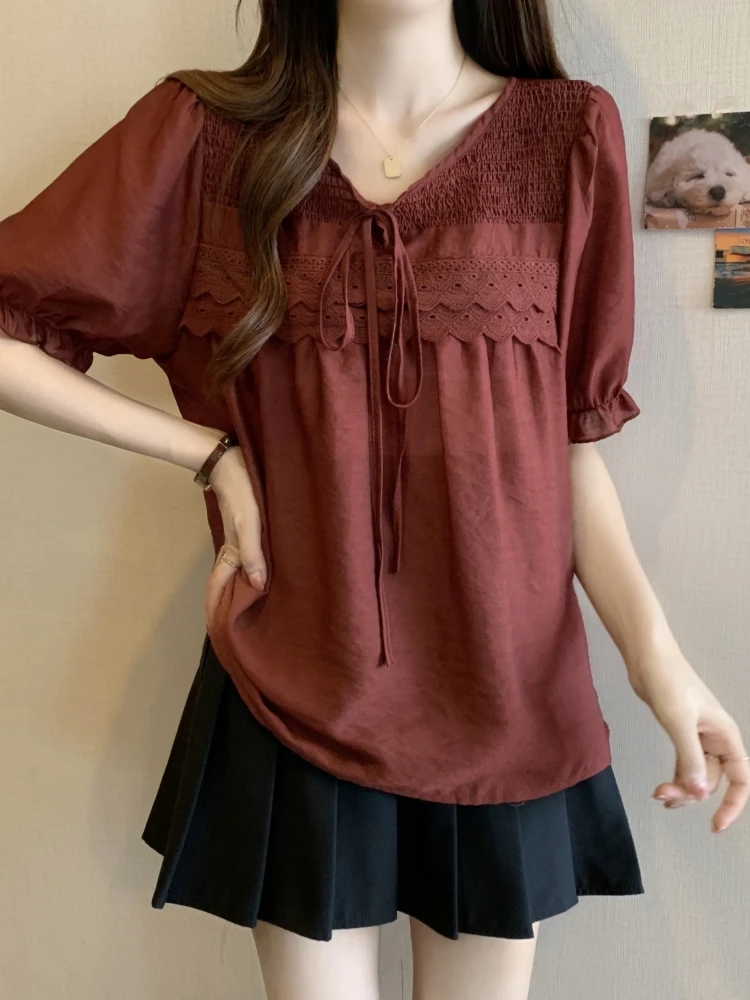 

Beautiful Bubble Sleeve Chiffon Shirt Women's Summer Fashion plus Size Conceal Belly Meat Lightweight Mature Age Reduction