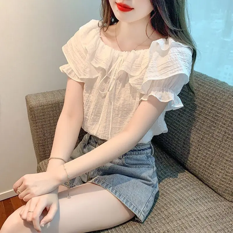 

Temperate Ruffled Top for Women's Design Chic Drawstring Shirt Niche Puff Sleeves