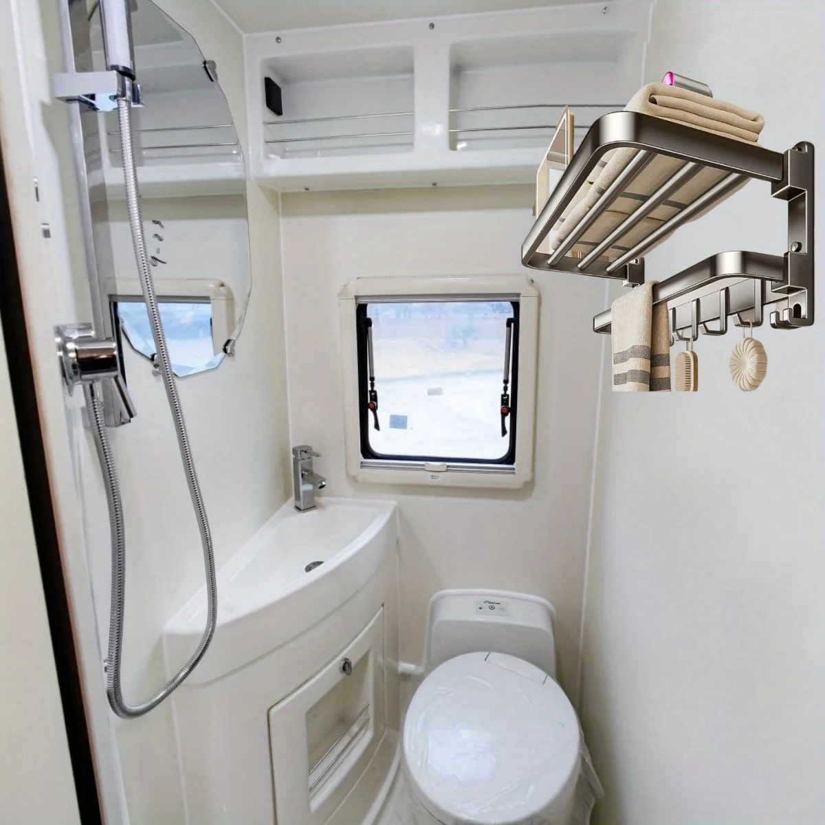 2-story RV foldable towel rack for wall storage, saves space in campers. 90° folding design organizes RV accessories efficiently