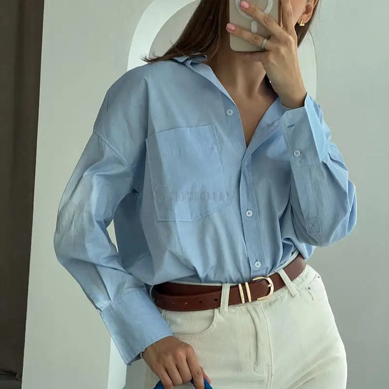 Garaouy Spring Women Single Breasted Blouses Vintage Lapel Collar Long Sleeve Office Lady Female Shirt Chic Pocket Top Blusas