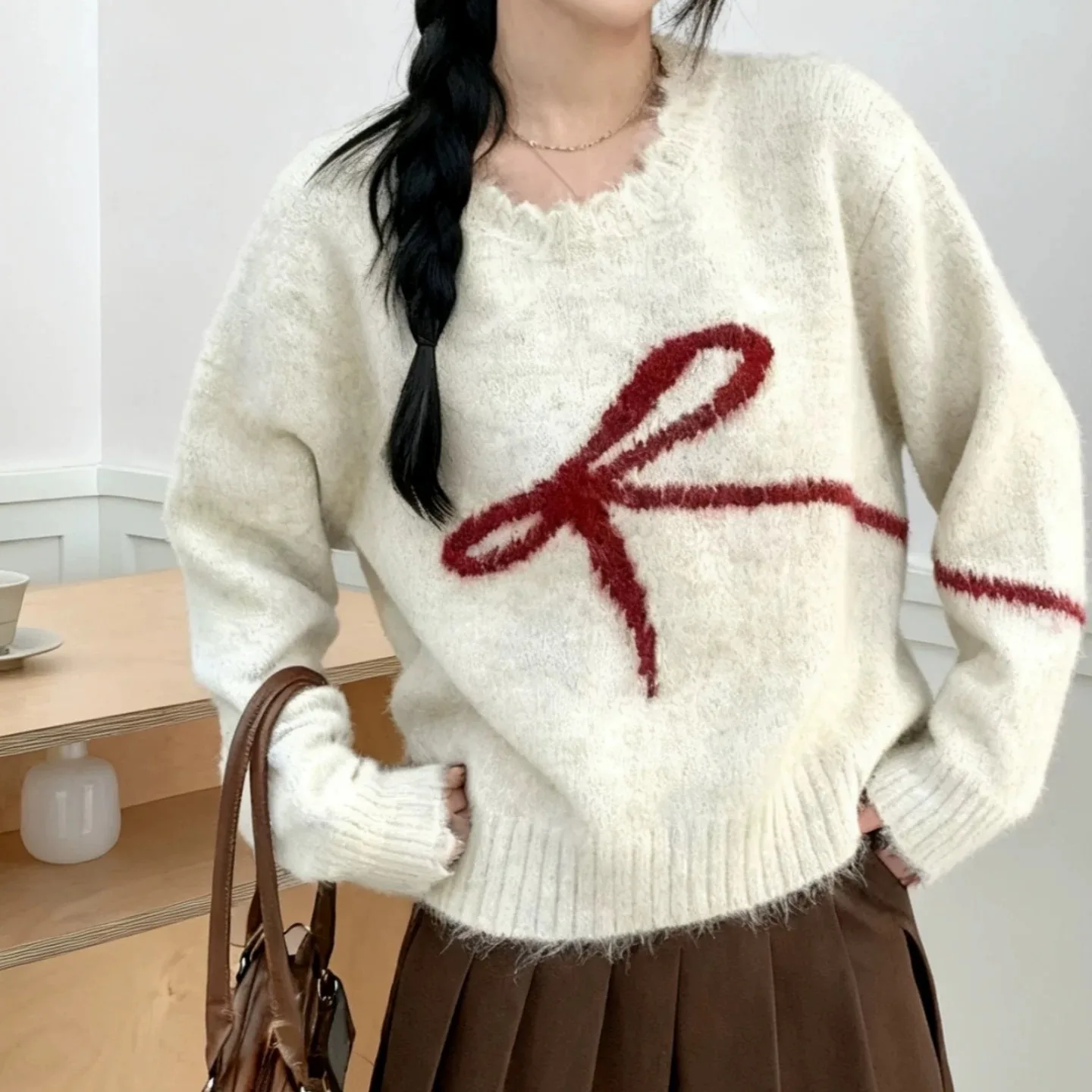 

Свободный длинный женский свитер Sve с милым бантом, круглый пуловер Ne, осень-зима, модный удобный мягкий корейский топ