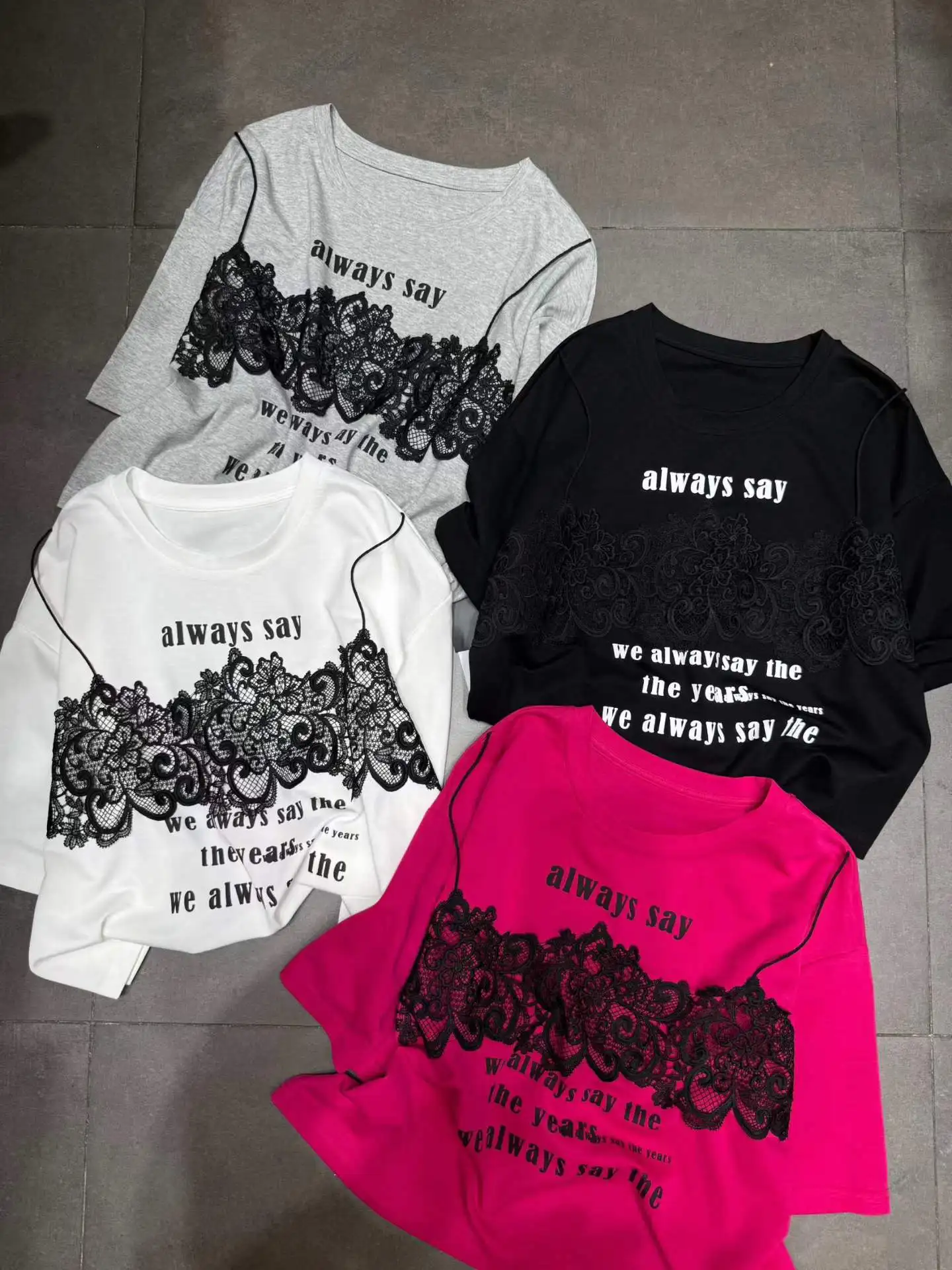 

European Trend T-shirt Women's 2026 Summer New Lace Fake Two-piece Design Letter Print Crew Neck Short-sleeved Top