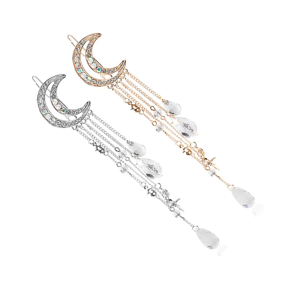 

2Pcs Moon Hair Barrettes Rhinestone Tassel Zinc Alloy Elastic Clips for Women Shiny Hairpin Headdress Party Accessories