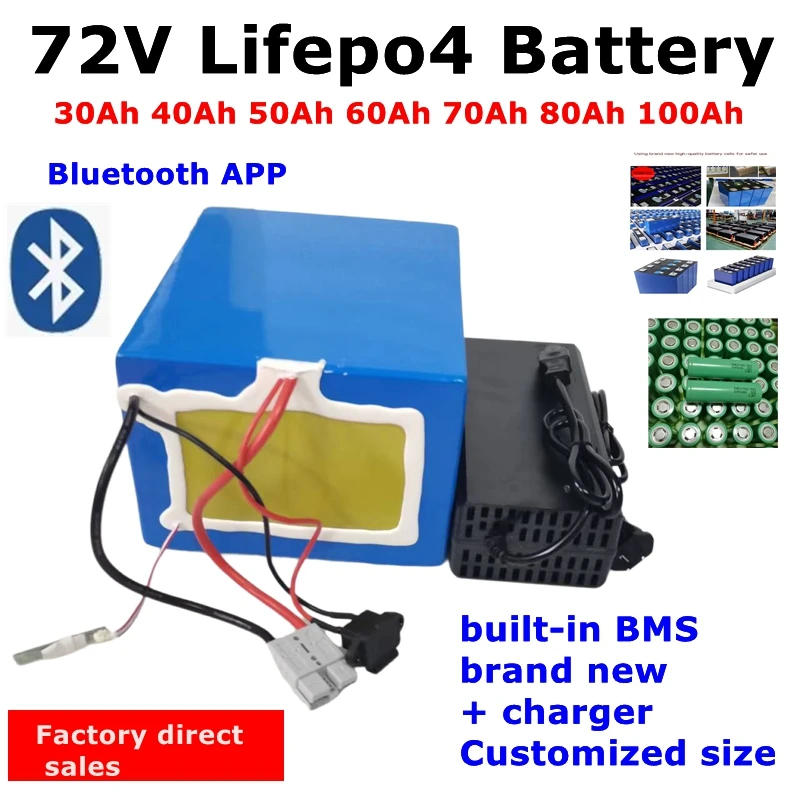 Batterie au lithium LiFePO4 avec chargeur, Bluetooth, BMS, 72V, 50Ah, 60Ah, 30Ah, 72V, 40Ah, 100Ah, 80Ah, 5000W, scooter, vélo é