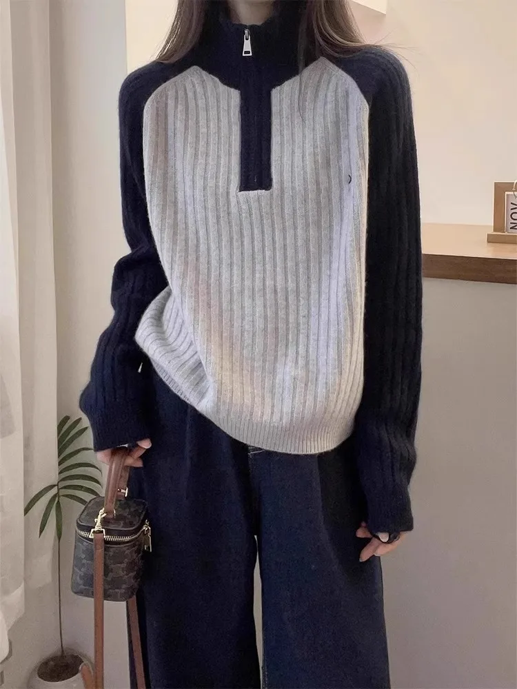 Comfortable Long Sleeve Color Block Knitwear Casual Anti-Aging Zipper Design Loose Base Shirt Fashionable Top for Young Women