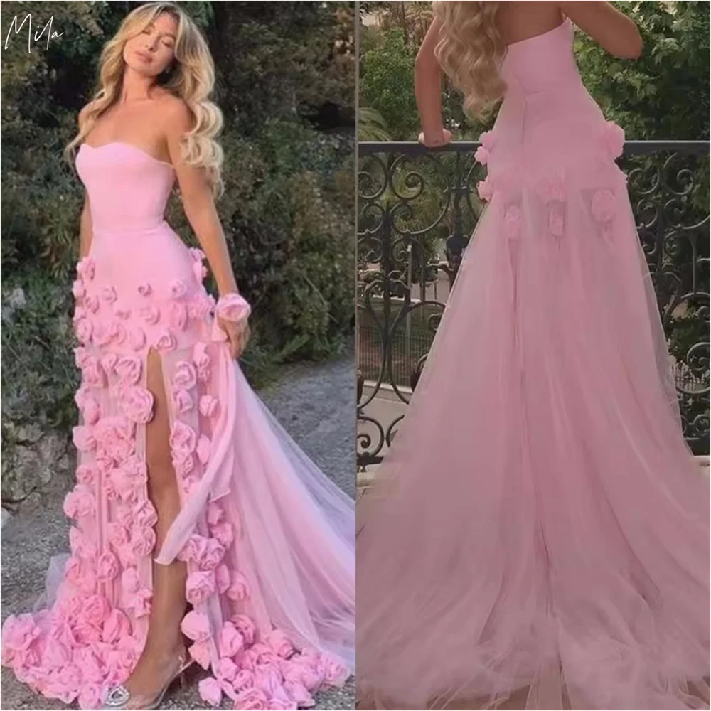 

Mila Pink Strapless Trumpet Party Dresses Customized 3D Flower Lace Side High Split Prom Dresses Floor-Length Evening Dresses