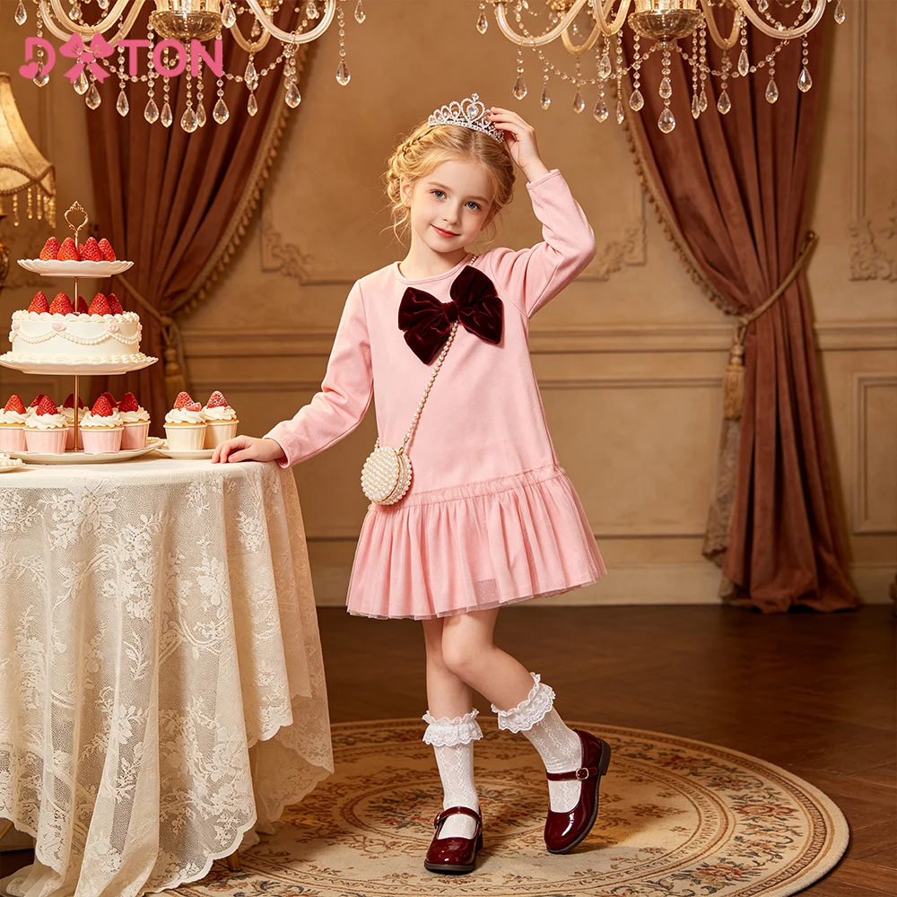 DXTON New Princess Girls Dresses With Bow Autumn Cotton Spring Toddlers Clothes Long Sleeve Children's Costume Kids Casual Dress
