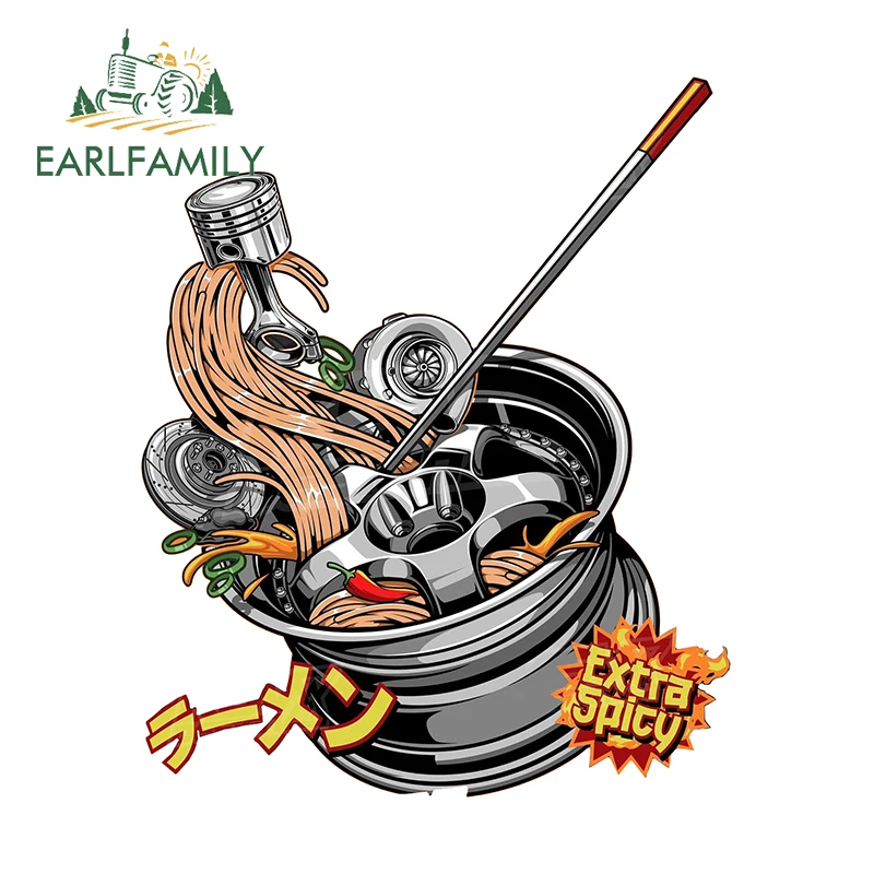 EARLFAMILY 13cm X 10.6cm for Ramen Extra Spicy Tire Car Stickers Sunscreen Cartoon Decals Scratch-Proof Surfboard Windows Decor