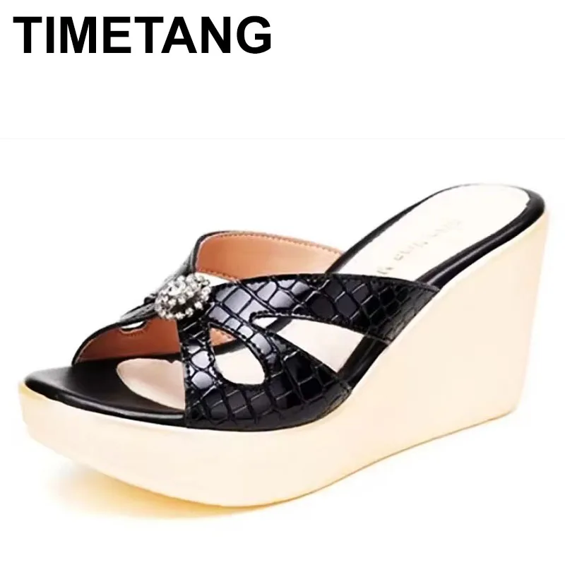 

Plus Size 33-43 Comfortable Thick Platform Wedges Shoes Summer Slippers 2024 Women's High Heels Leather Slides Office Beach Mom