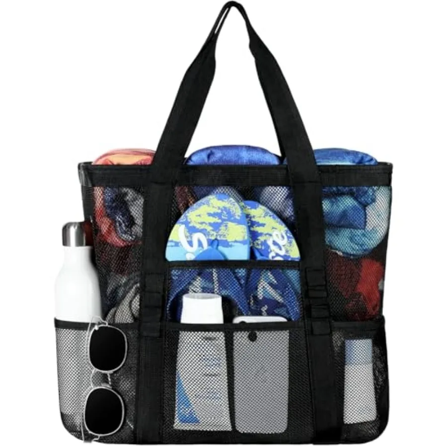 Mesh Beach Bag - Large Beach Tote with Multi Functional Pockets for Family Travel/Vacation