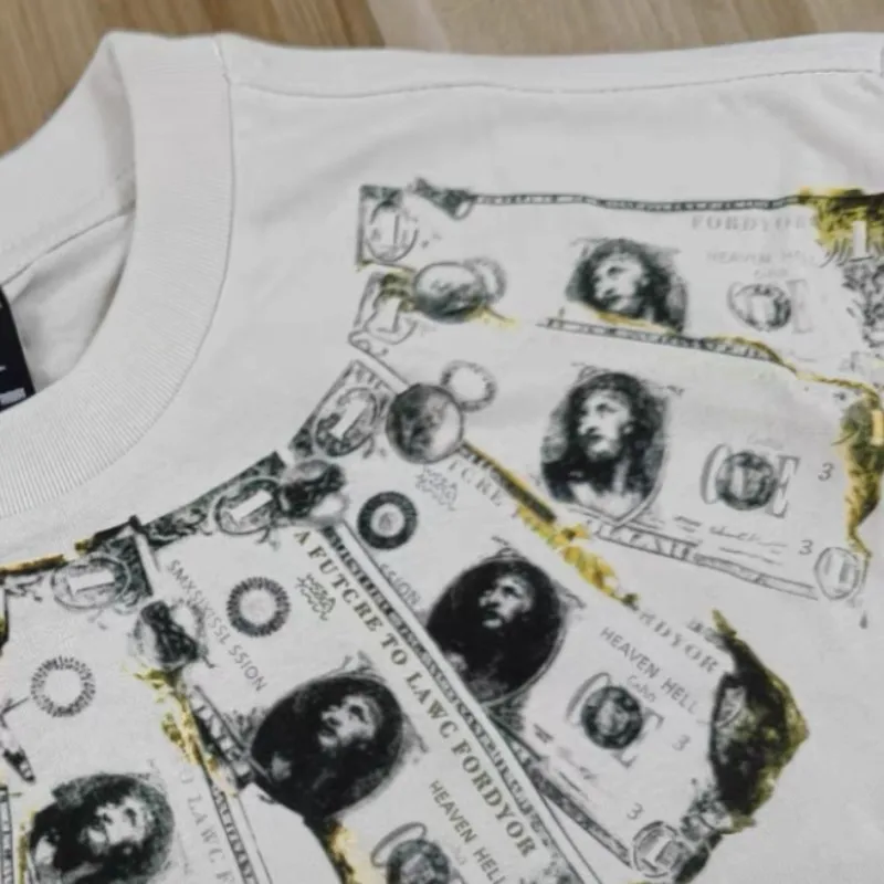 Summer Cotton Men Women Street Outfit Saint Tshirts Burning Damaged Dollar Scarf Print Round Neck Short Sleeve Casual Tops Tee