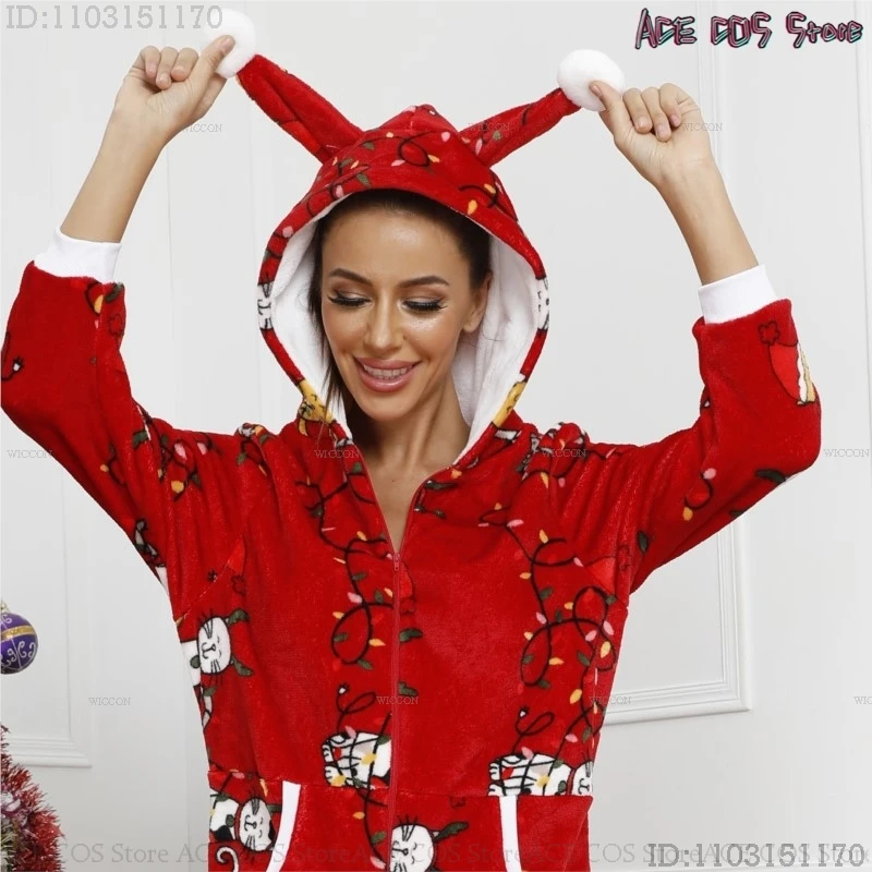 2025 Christmas New Year Pajamas Suit Santa Cosplay Cute Lady Little Red Green Printing Hood Flannel Jumpsuit Women Home Clothes