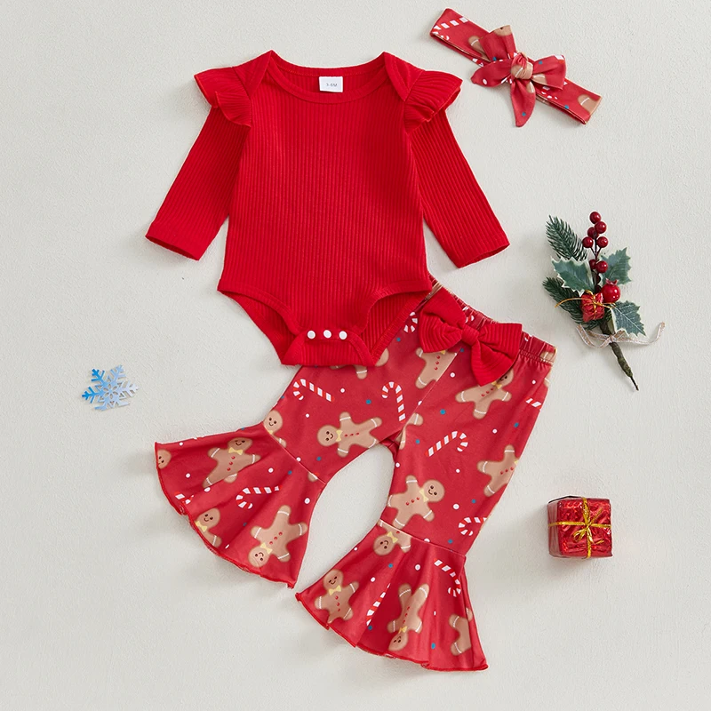 Newborn Baby Girl Christmas Outfit Solid Color Long Sleeve Romper Cute Print Flare Pants Headband 3PC Fall Clothes