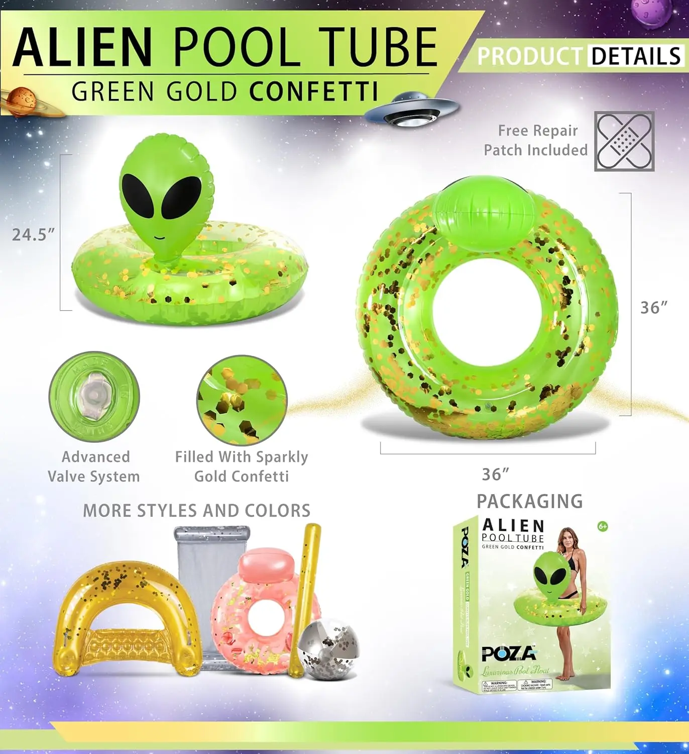 Tubo flotante inflable para piscina alienígena, vinilo resistente a los rayos UV, confeti para piscina, flotador de alienígena, flotador de piscina fresco, anillo de natación para piscina inflado