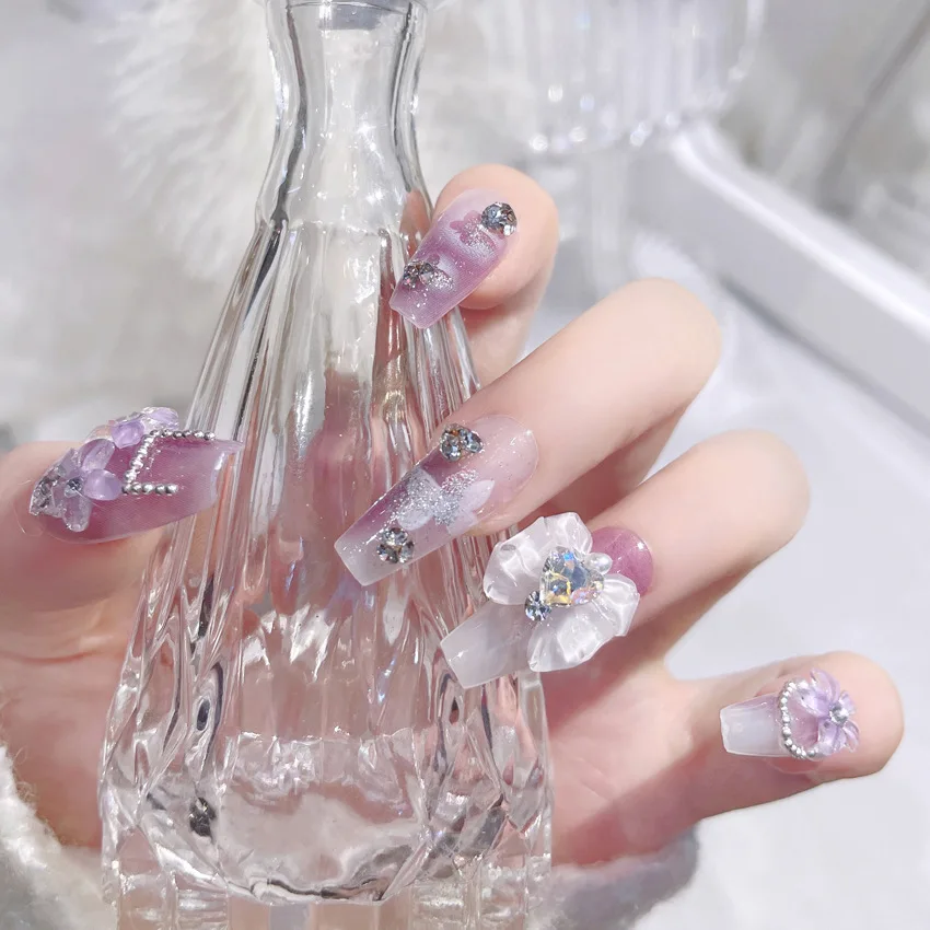 24Pcs Purple Bow Flower Artificial Fingernails Ballerina Wearable Fake Nails Press on Square False Nails Full Cover Nail Tips