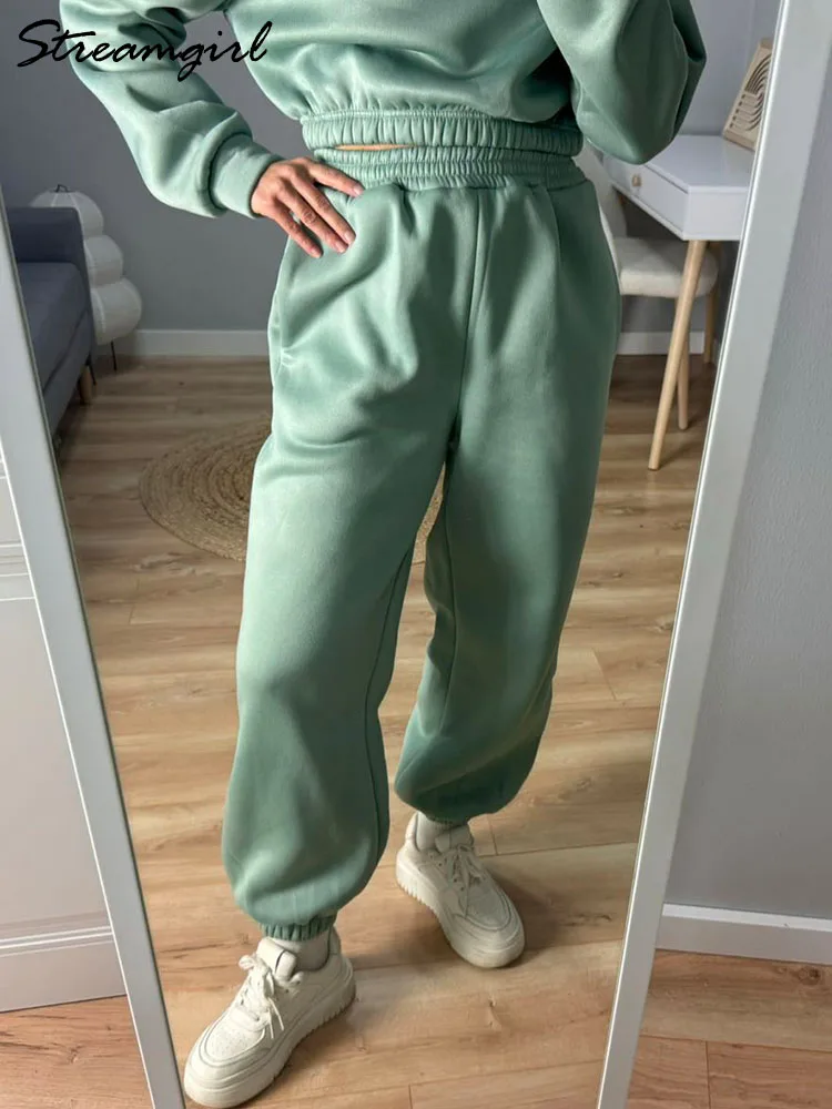 Winter Thick Fleece Pants Set Women Warm Suits Cropped Hoodie Sweatpant 2 Piece Set Outfit Velvet Track Suit For Women Winter