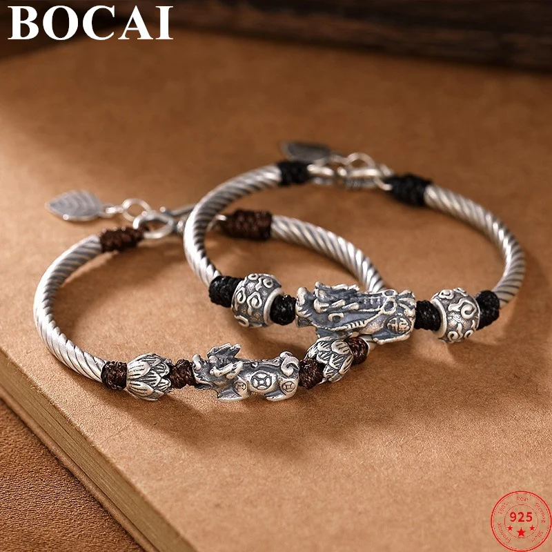 

BOCAI S925 Sterling Silver Bracelets for Men Women 2023 New Fashion Wax Rope Weaven-Chain PiXiu Pure Argentum Amulet Jewelry