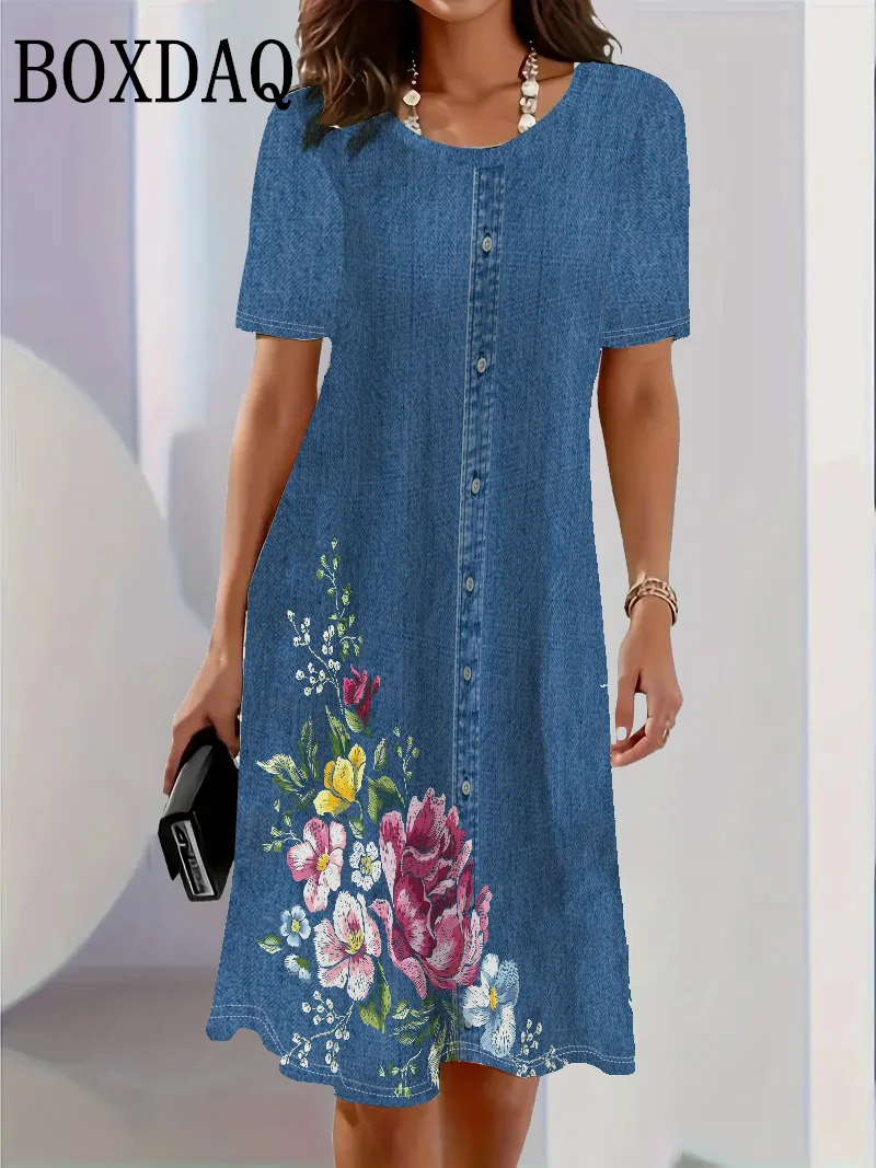 2025 패션 트렌드 3D 이미테이션 데님 패턴 여성 드레스 여름 스트릿 반팔 O넥 루즈 캐주얼 플라워 프린트 드레스