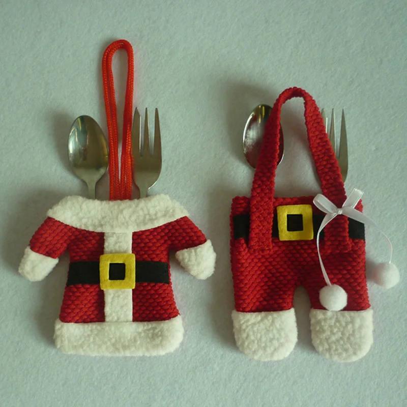 6Pcs Cute Santa Suit Christmas Cutlery Holder Cartoon Santa Jacket Pant Tableware Fork Fork Spoon Bag For Xmas Table Decoration