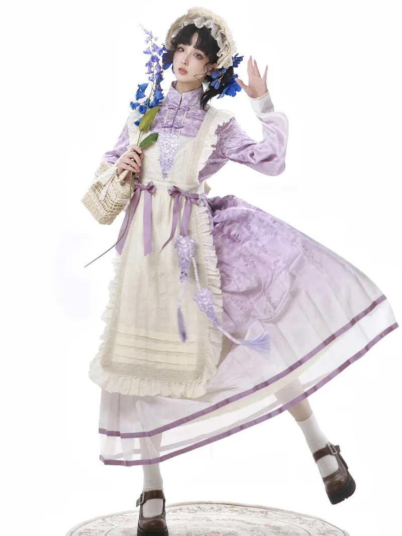 Grembiule da donna originale Lolita quotidiano carino dolce stile pastorale serie CLA stampa retrò colletto alla coreana manica lunga viola abito lungo grembiule