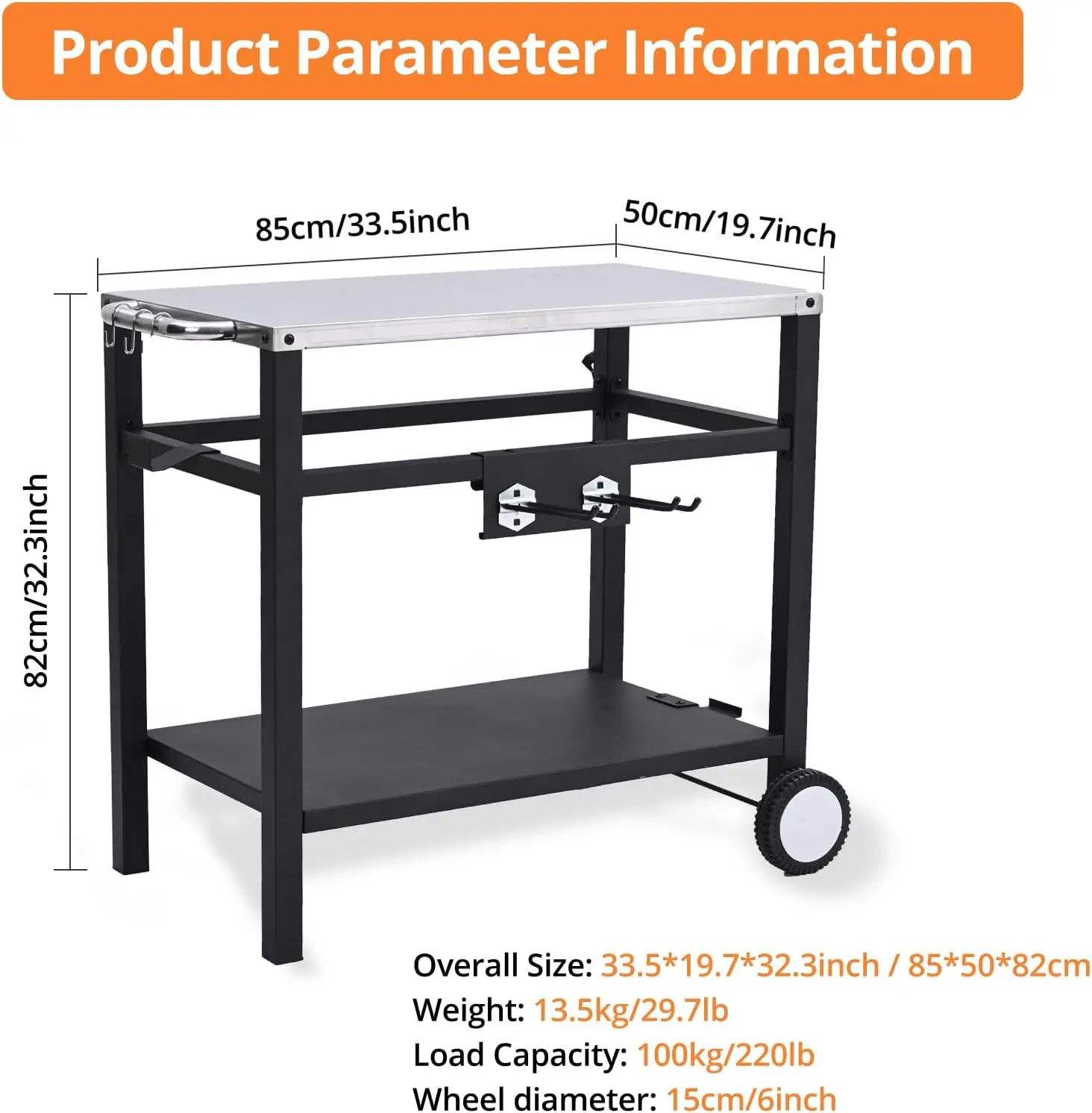 Outdoor Grill Cart Pizza Oven Stand, Stainless Steel Flattop Grill Cart, Bbq Prep Table With Wheels & Hooks, Side Handle,