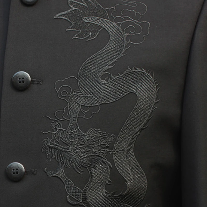 Oriental Dragon Embroidery Men Tunic Suit Jacket Black Stand Collar Chinese Style Kung Fu Zhongshan Coat